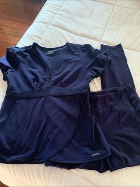 Jaanuu Navy Wrap-Front Scrub Top and Pants Set